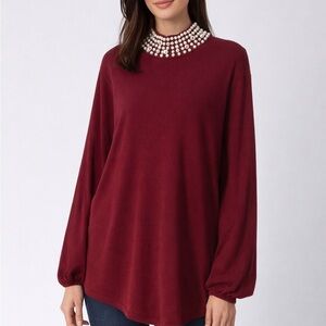 Alfani Burgundy Pearl Embellished Neckline Tunic | Size XL